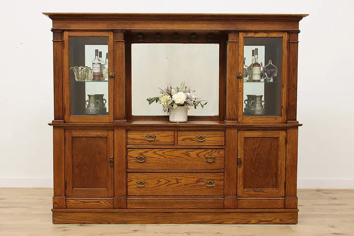 Craftsman Antique Oak Back Bar, Sideboard, China Cabinet #40707