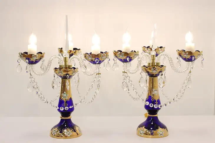 Pair of Vintage Cobalt & Gold Bohemian Crystal Candelabras #45584