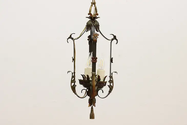 Tudor Design Antique Wrought Iron Hall Chandelier 3 Candles #43296