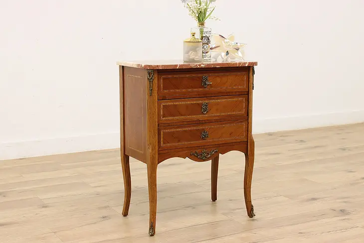 French Antique Marquetry Chest Nightstand Marble Top, Colbys #45743