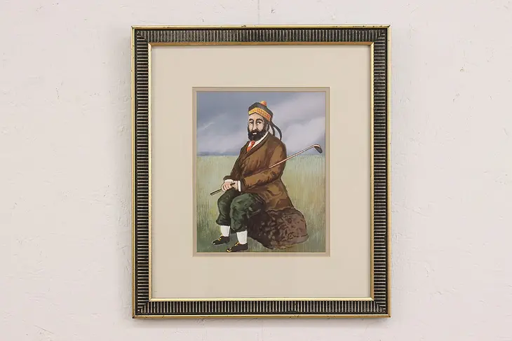 Indian Golfer Portrait Vintage Watercolor Painting 18" #45740