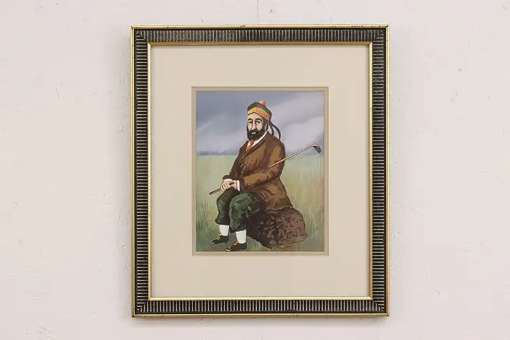 Indian Golfer Portrait Vintage Watercolor Painting 18" #45740