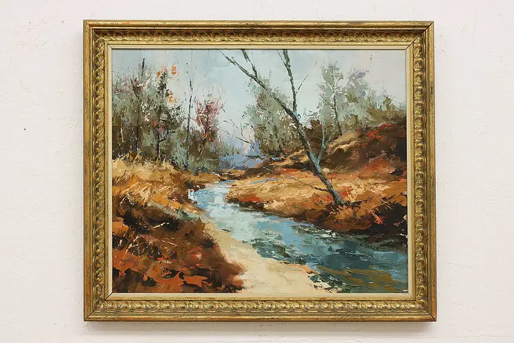 Fall Forest River Vintage Original Oil Painting Sadler 28.5" #45656