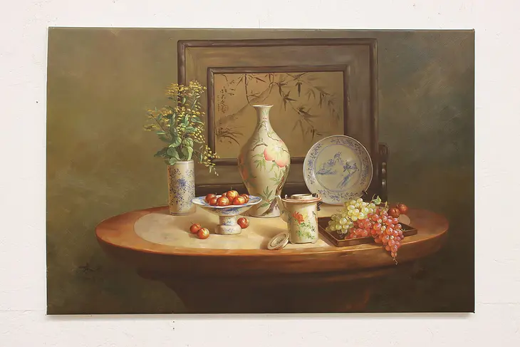 Vases & Fruit Vintage Original Oil Painting, Signed 36.5" #45127