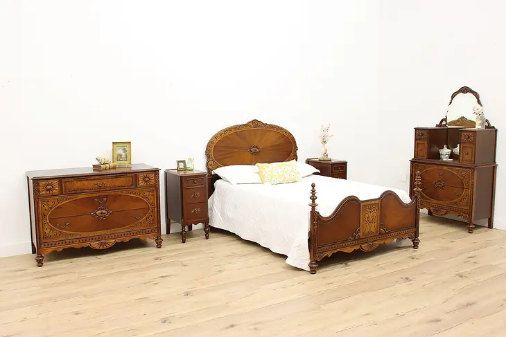 English Tudor Antique 5 Pc Bedroom Set, Full Size Bed #45628