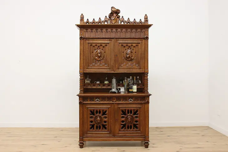 Gothic Antique Carved Oak Cabinet, Backbar, Court Cupboard #45516