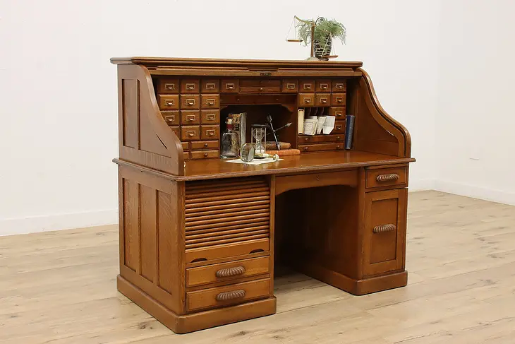 Victorian Antique Oak Roll Top Rotary File Office Desk, Moon #45195