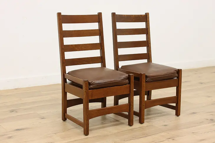 Pair of Arts & Crafts Mission Oak Craftsman Leather Chairs #45296