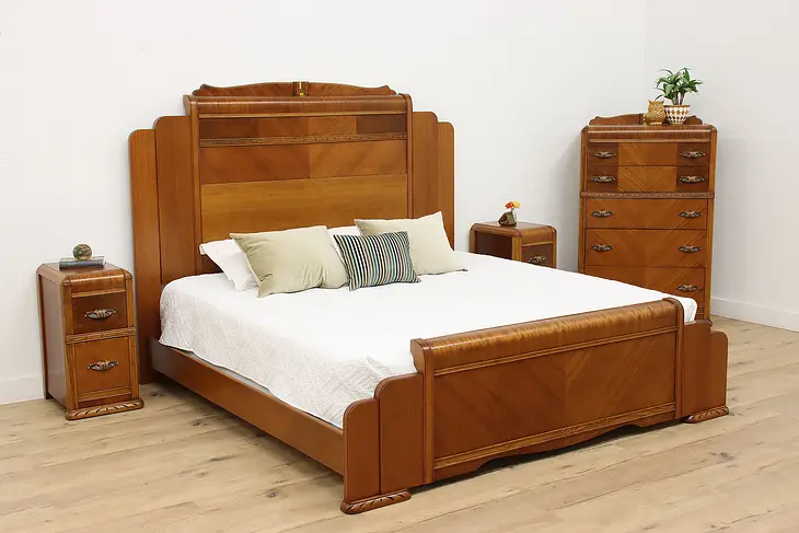 Art Deco Waterfall 4 Pc. Vintage Bedroom Set, King Size Bed #45139