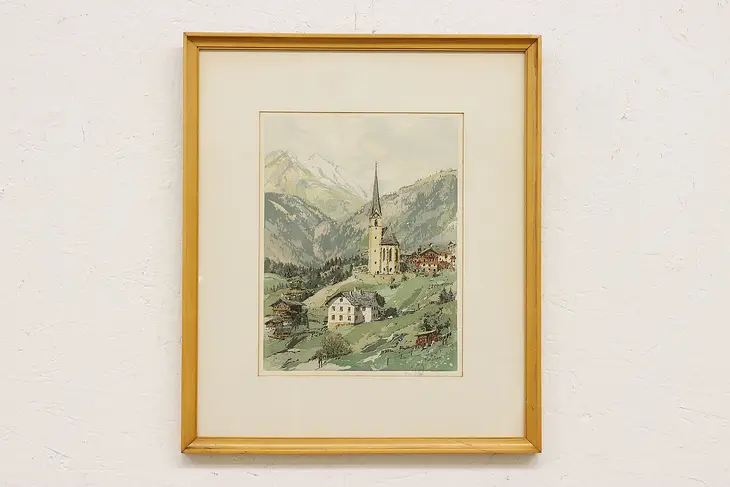 Austrian Alps Village Vintage Original Etching Figuera 19.5" #44635