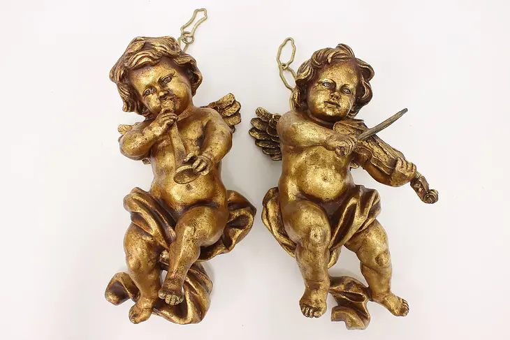 Pair of Antique Carved Gold Musical Cherub Angel Sculptures #45359