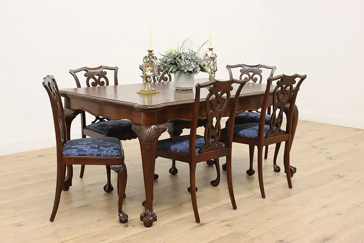 Georgian Vintage Carved Dining Set, Table & Leaves, 6 Chairs #45741