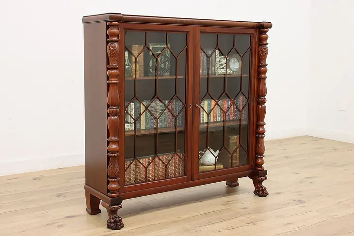 Empire Antique Mahogany Bookcase, Acanthus Carved, Paw Feet #34911