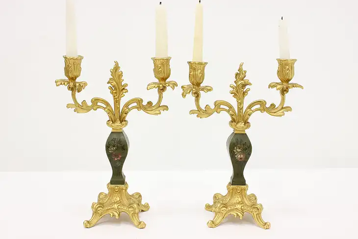 Pair of Antique French Gold & Hand Painted Candelabras #45371