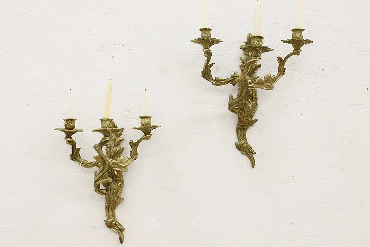 Pair of Baroque Vintage Brass Candle Sconces Glow Mar NY #45315