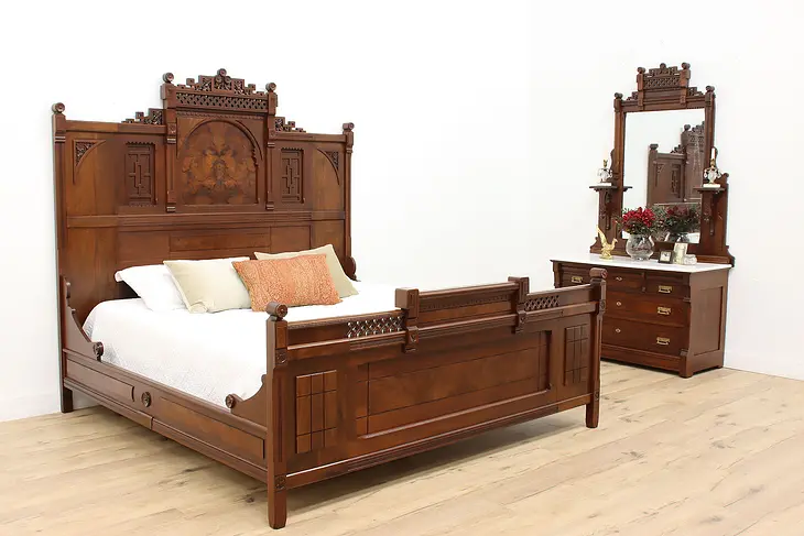 Victorian Eastlake Antique Walnut 2 Pc Bedroom Set, King Bed #45173