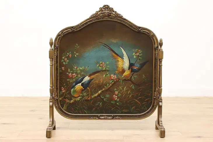 Hand Painted Birds Antique Faux Leather Fireplace Screen #45827