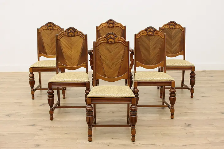 Set of 6 Art Deco Vintage Dining Chairs New Upholstery #44356