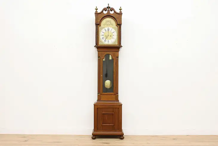 Oak Antique Tall Case Grandfather Clock, Brass Cherub Dial #37670