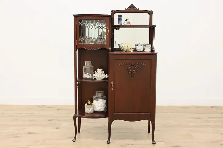Victorian Antique Mahogany Music Bath Cabinet Leaded Glass #45817