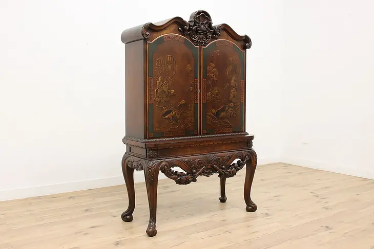 Asian Enamel Lacquer Antique Carved Walnut China Cabinet #45971