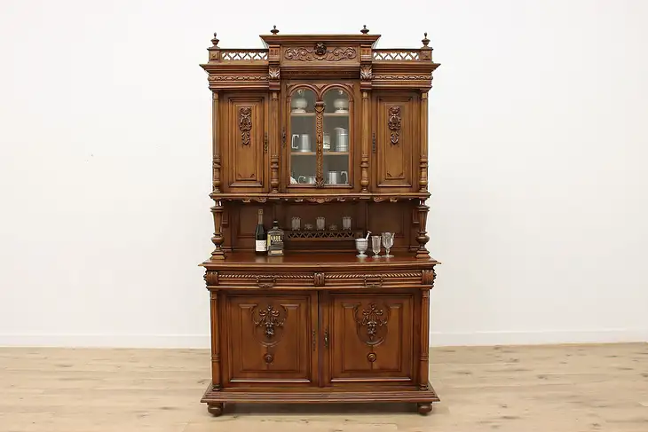 Renaissance Carved Walnut Antique Server Sideboard, Back Bar #40899