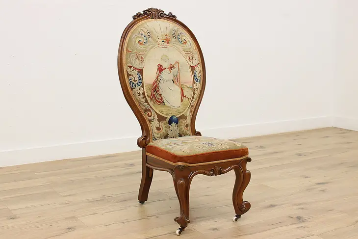 Victorian Antique Slipper Chair, Harp Petit Point Tapestry #45952