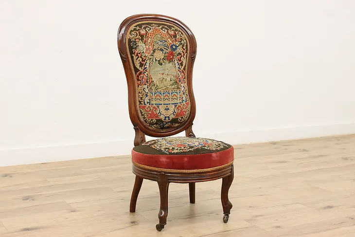 Victorian Antique Chair, Petit Point Tapestry Castle Scene #45951