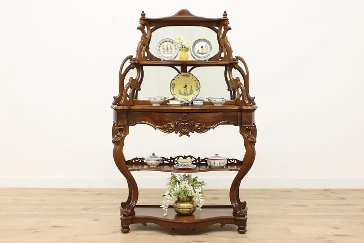 Victorian Antique Walnut Etagere, Curio, Bookshelf, Mirrors #45837