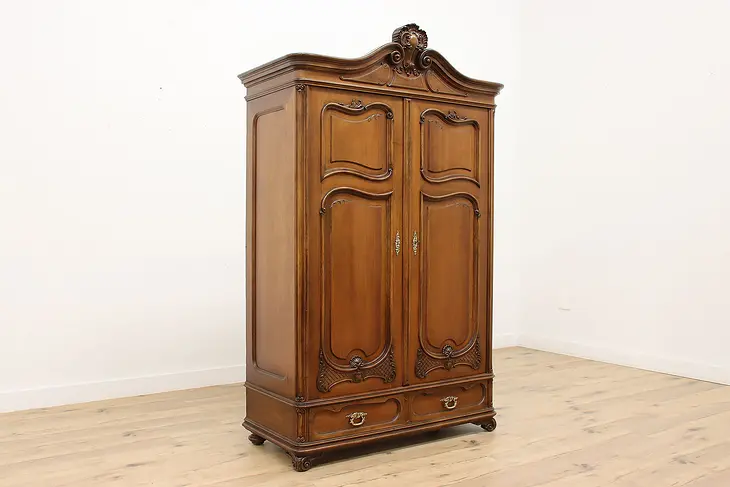 French Carved Walnut Antique Armoire, Closet, Wardrobe #46008