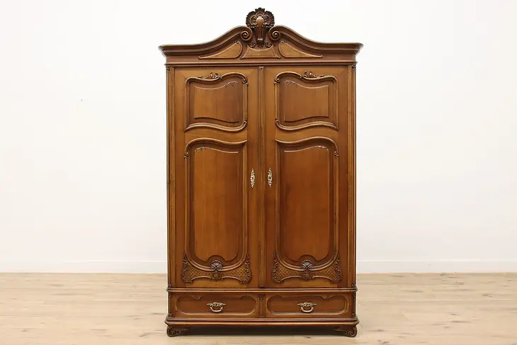 French Carved Walnut Antique Armoire, Closet, Wardrobe #45851