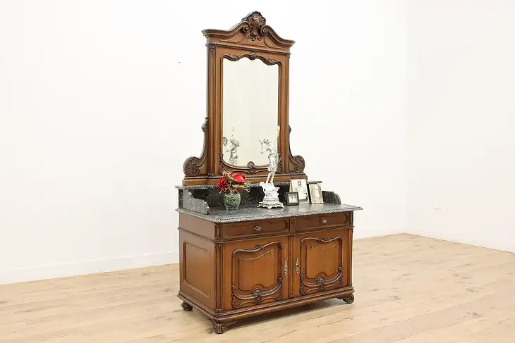 French Antique Walnut & Marble Top Dresser or Chest, Mirror #46009
