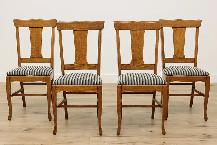 Set of 4 Oak Farmhouse Antique Dining Chairs, New Upholstery #45987