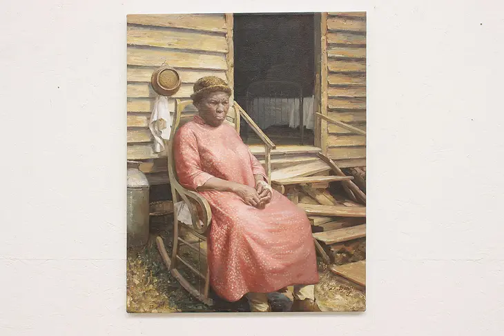 Black Woman in Chair Vintage Original Oil Painting, Long 31" #45132