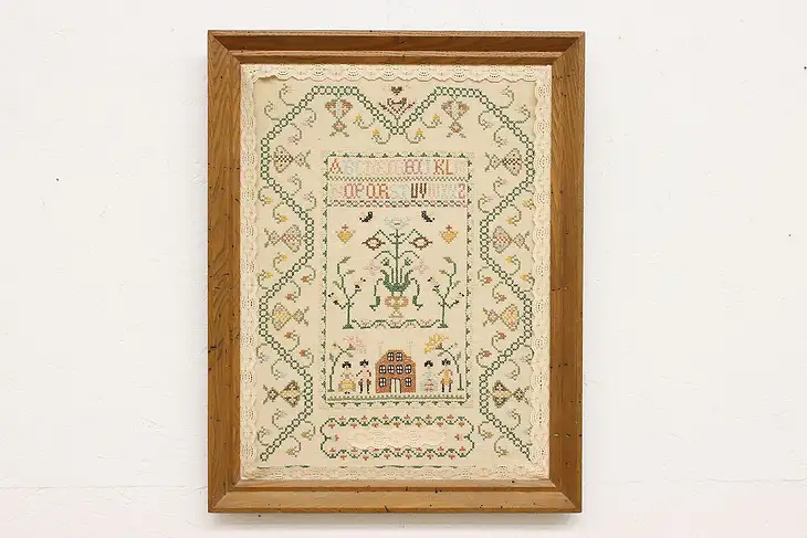 Hand Stitched Vintage Framed Child Sampler, Chestnut Frame #46077