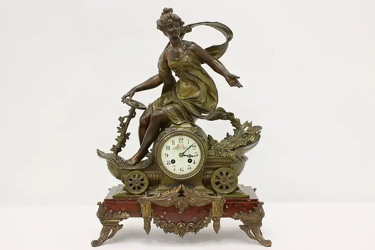 Art Nouveau Antique French Clock, Queen Sculpture Bruchon #43680