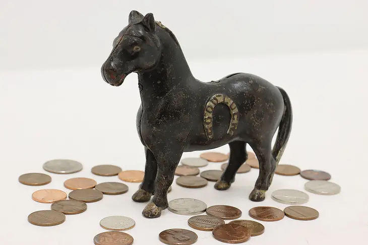 Farmhouse Antique Cast Iron Painted Horse Coin Bank #45338