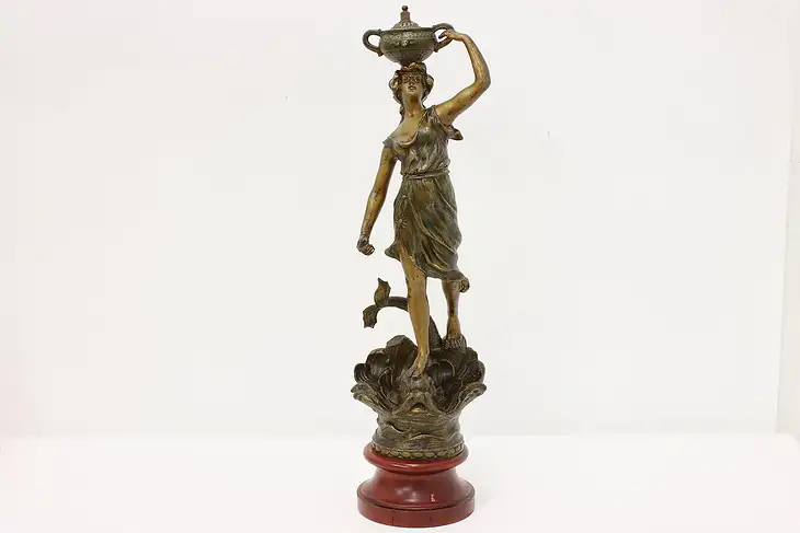 French Art Nouveau Antique Statue Woman & Dolphin Sculpture #45840