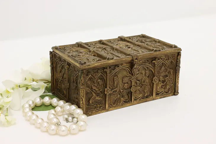 Gothic Antique Cast Bronze Jewelry Keepsake Box Bible Scenes #45518