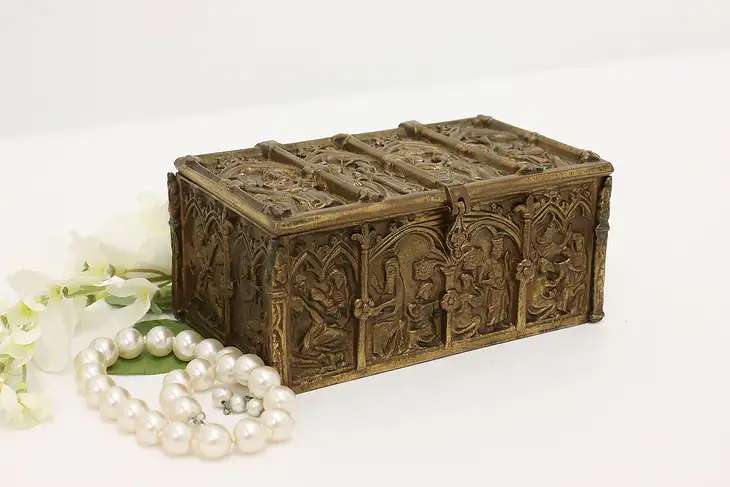 Gothic Antique Cast Bronze Jewelry Keepsake Box Bible Scenes #45518