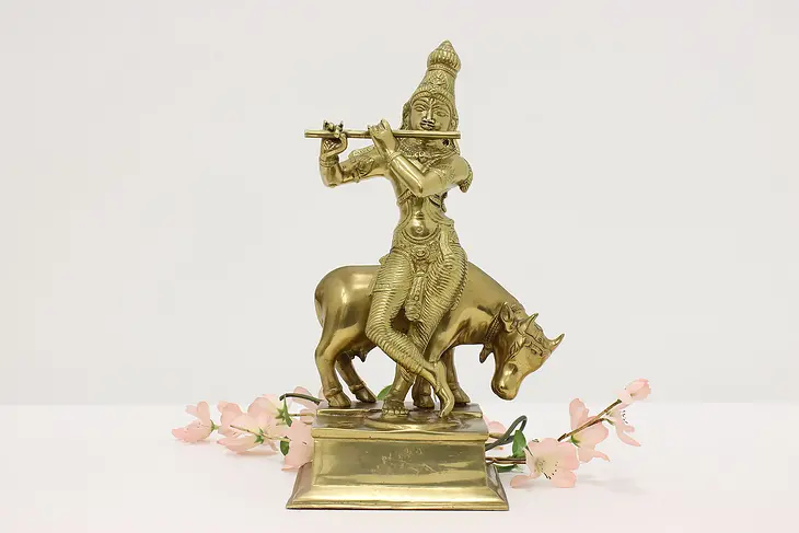 Indian Krishna God & Sacred Cow Vintage Brass Sculpture #45307
