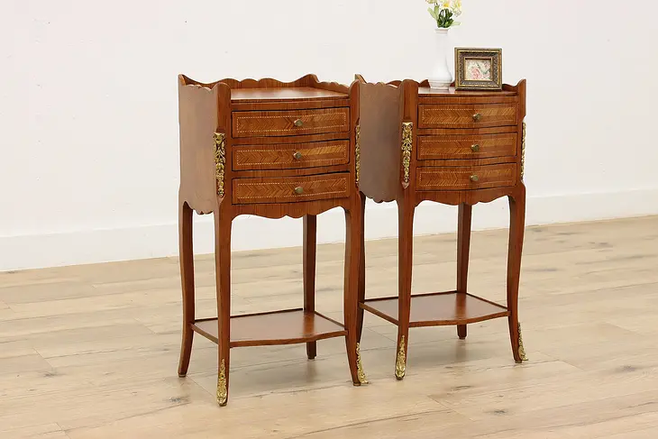 Pair of Vintage French Design Banded Nightstands End Tables #46083