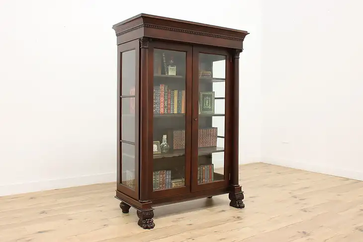 Empire Mahogany Antique China Curio Display Cabinet Paw Feet #45474