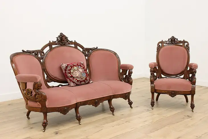 Victorian Walnut Antique Chair & Sofa Set, Heads Jelliff? #45834