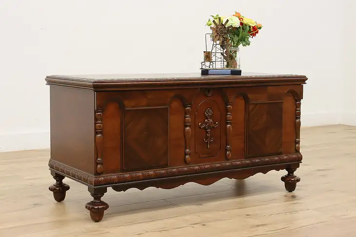 Tudor Design Antique Carved Walnut Cedar Chest or Trunk #45183