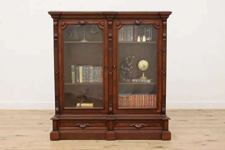 Victorian Antique Walnut Office Bookcase or Display Cabinet #37705