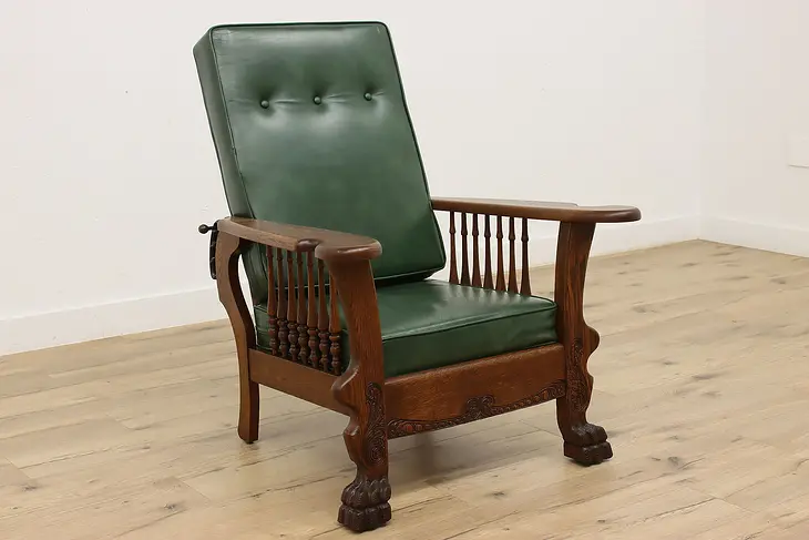 Victorian Antique Oak Leather Morris Recliner Chair, Paws  #45813