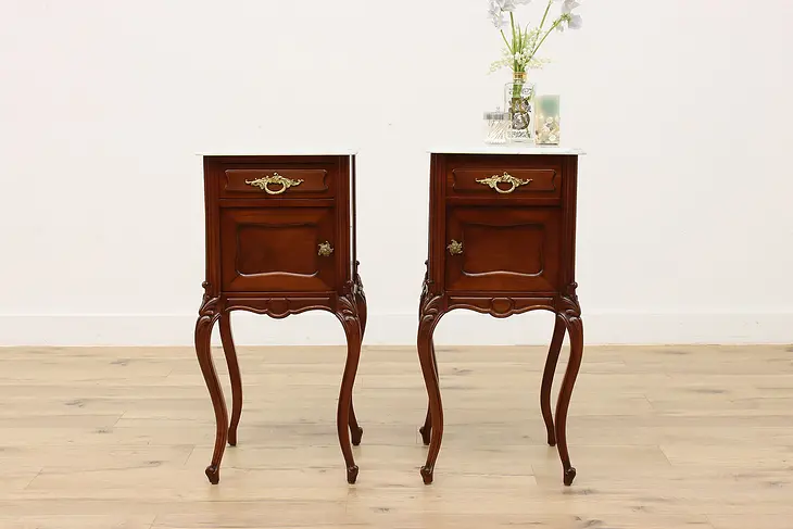 Pair French Antique Mahogany Nightstands, End Tables, Marble #46137
