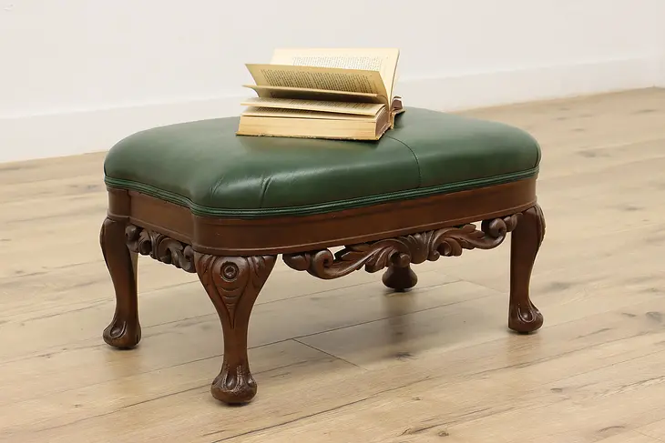 Carved Mahogany Vintage Footstool or Bench, Green Leather #45838