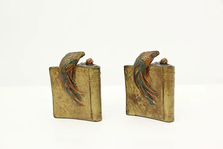 Pair of Antique Bronze Clad Parrot & Book Bookends #45325